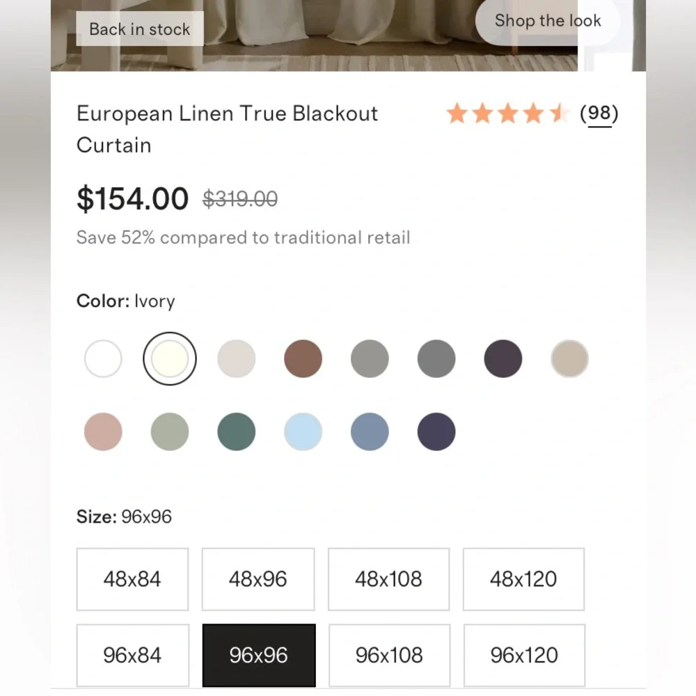 Quince 96x96 European Linen True Blackout Curtain Ivory